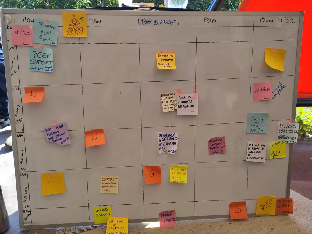 open space technology board including workshops on peer support and digesting tensions